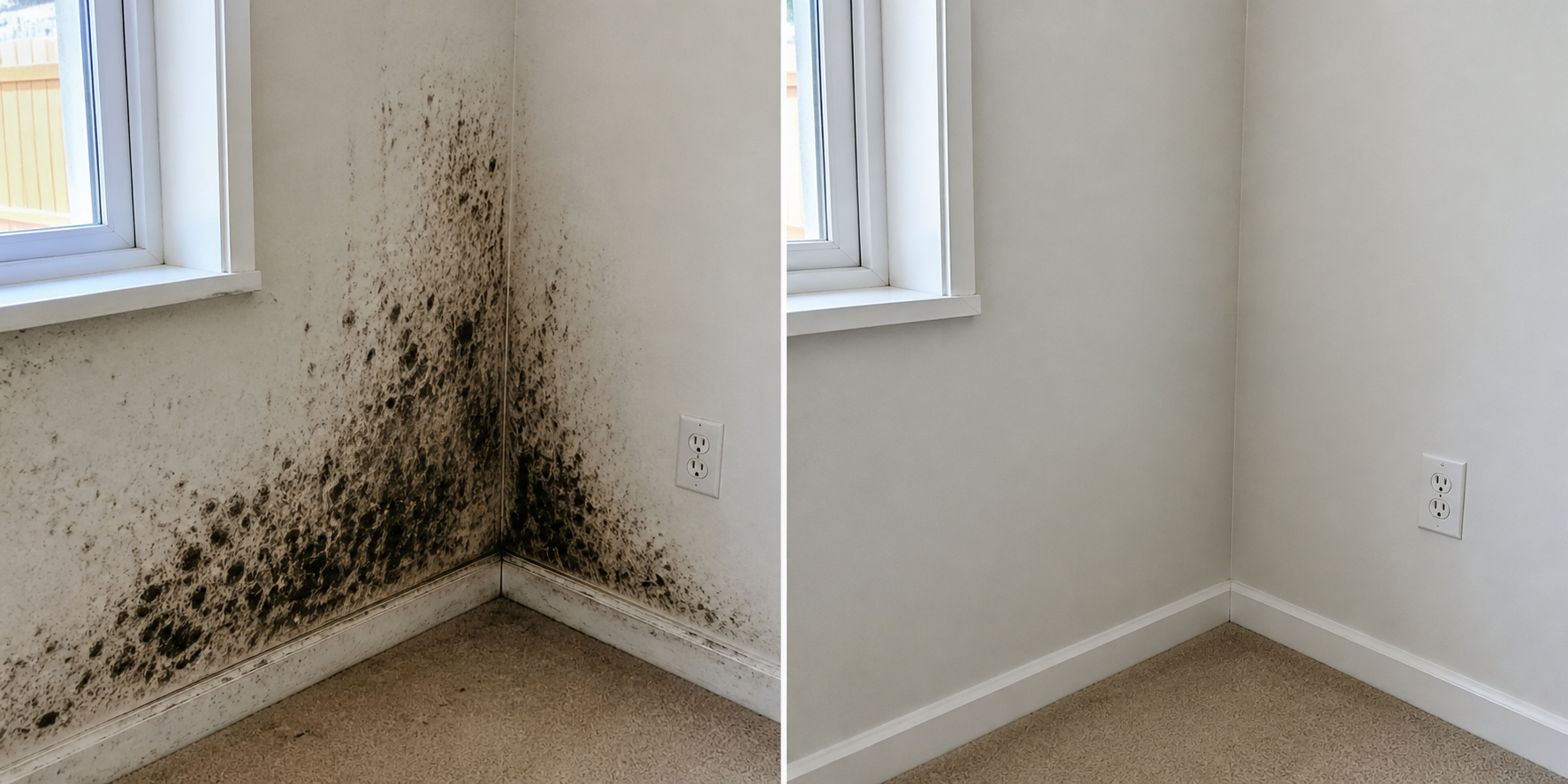 Avant et après décontamination d'un coin de mur sous une fenêtre