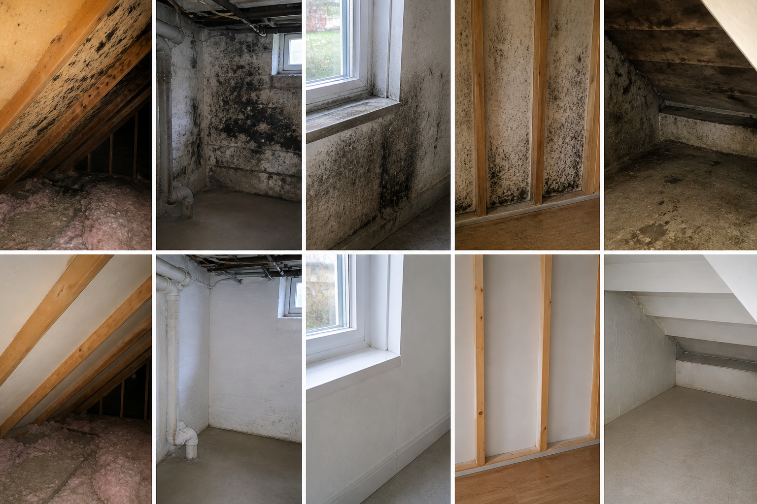 Collage avant et après de plusieurs décontaminations de moisissures