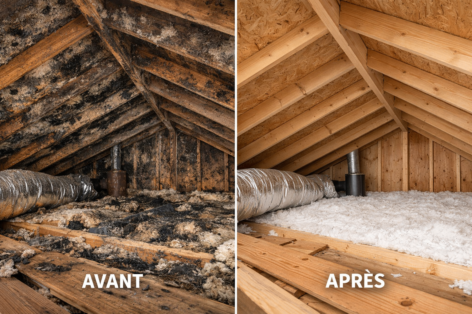Grenier avant et après décontamination de moisissures