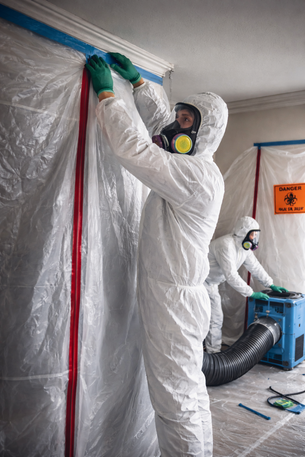 Travailleur en équipement de protection effectuant une décontamination